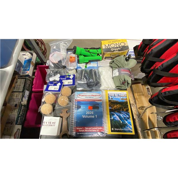 BLUE BIN OF ASSORTED COMMERCIAL MARINE RETAIL PRODUCTS, CHEMICALS, FLASHLIGHTS, & CURRENT GUIDES