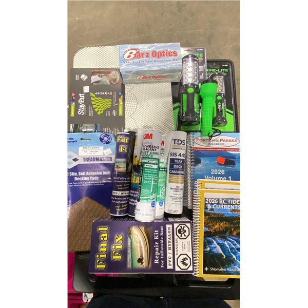 BLUE BIN OF ASSORTED COMMERCIAL MARINE RETAIL PRODUCTS, CHEMICALS, FLASHLIGHTS, & CURRENT GUIDES