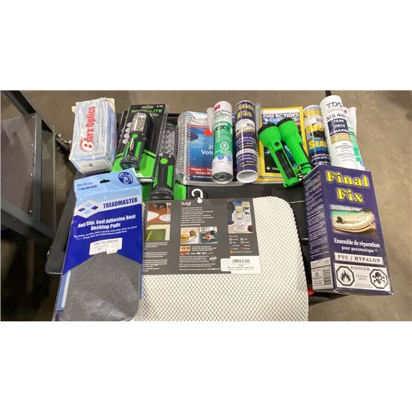 BLUE BIN OF ASSORTED COMMERCIAL MARINE RETAIL PRODUCTS, CHEMICALS, FLASHLIGHTS, & CURRENT GUIDES