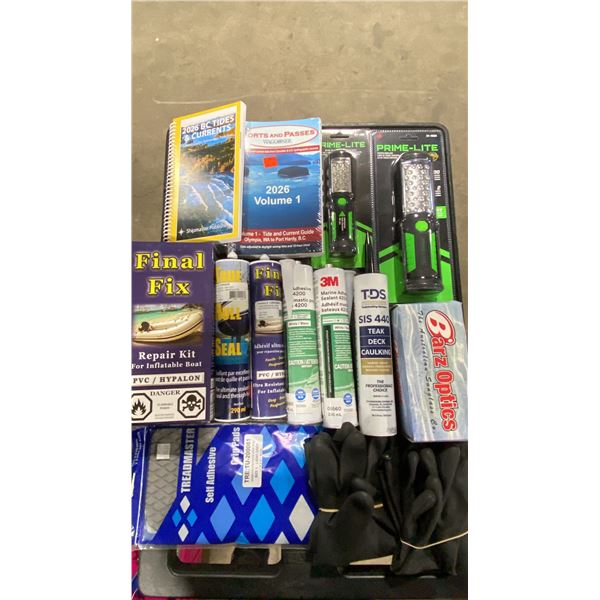 BLUE BIN OF ASSORTED COMMERCIAL MARINE RETAIL PRODUCTS, CHEMICALS, FLASHLIGHTS, & CURRENT GUIDES