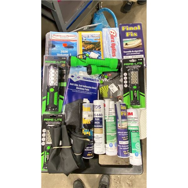 BLUE BIN OF ASSORTED COMMERCIAL MARINE RETAIL PRODUCTS, CHEMICALS, FLASHLIGHTS, & CURRENT GUIDES