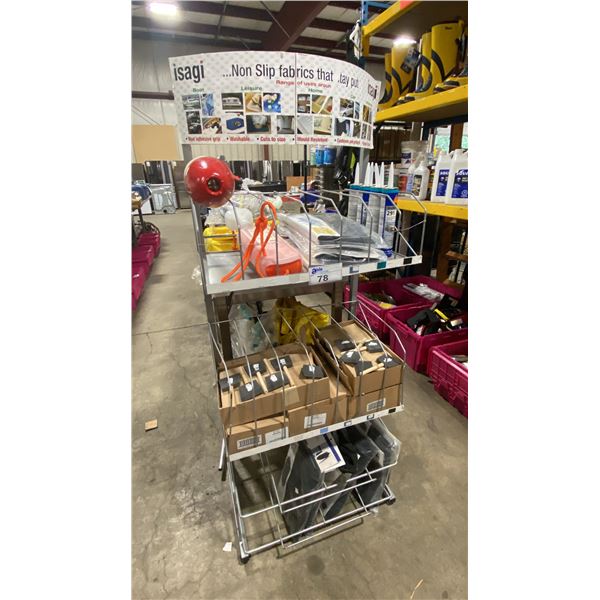 GREY METAL DISPLAY RACK WITH ASSORTED POLY BRUSHES, POLYFORM FENDER BAGS, BUOY ROPE, BUMPER, &