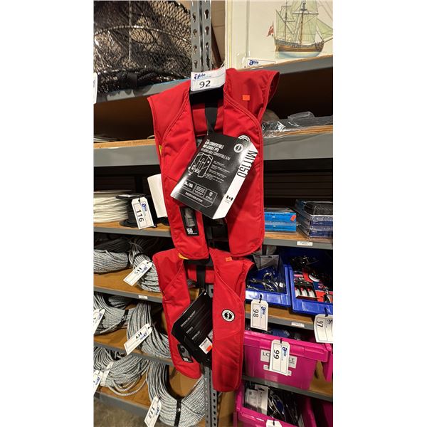2 MUSTANG SURVIVAL  A/M CONVERTIBLE INFLATABLE LIFE JACKETS, RED/BLACK, UNIVERSAL ADULT
