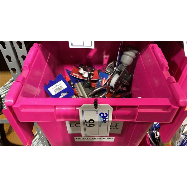PINK BIN OF ASSORTED RETAIL MARINE RONSTAN PULLIES & SHACKLES *BIN NOT INCLUDED*