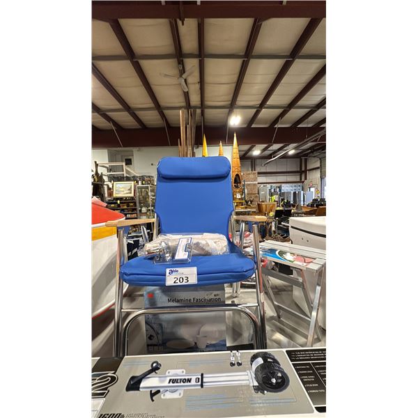 BLUE FOLDING DECK CHAIR, METAL FOLDING SIDE TABLE, WHITE MARINE COVER, GAS DECK FILL ATTACHMENT, &