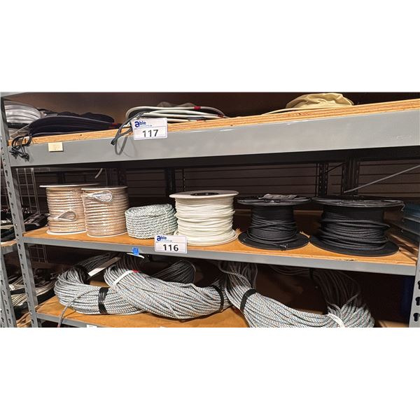 SHELF OF 6 ASSORTED SPOOLS OF MARINE ROPE