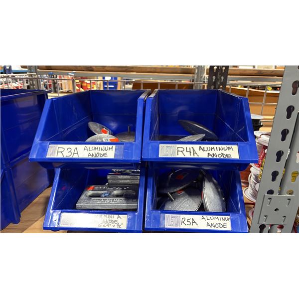 4 BLUE STACKABLE PARTS BINS WITH ASSORTED MARINE ANODES & HARDWARE