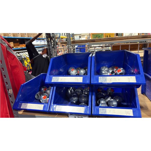 5 BLUE STACKABLE PARTS BINS WITH ASSORTED MARINE ANODES & HARDWARE