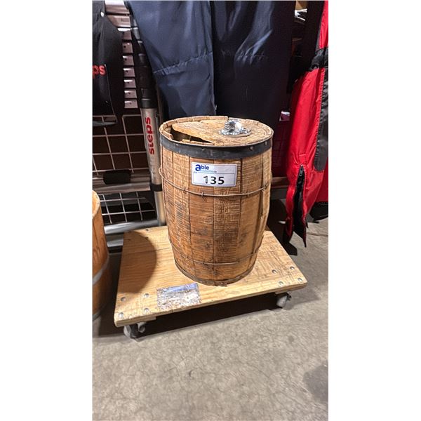 SMALL WOODEN BARREL OF MARINE HINGES & WOOD TOP 4 WHEEL DOLLY