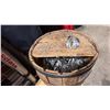 Image 2 : SMALL WOODEN BARREL OF MARINE HINGES & WOOD TOP 4 WHEEL DOLLY
