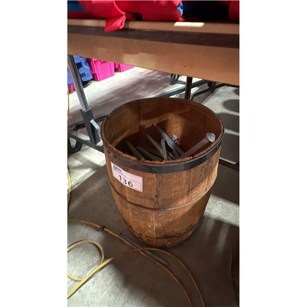 SMALL WOODEN BARREL OF GALVANIZED DECK SPIKES