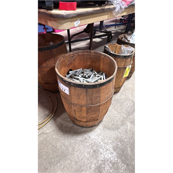 SMALL WOODEN BARREL OF GALVANIZED DECK SPIKES
