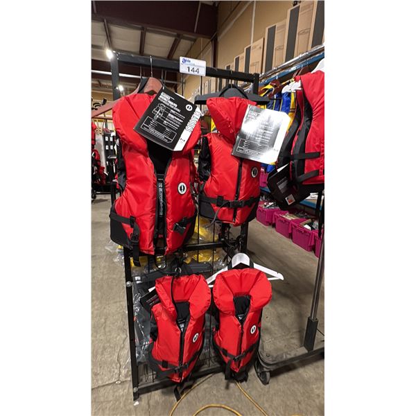 4 MUSTANG SURVIVAL RED/BLACK LIFE JACKETS, 3 CHILD & 1 YOUTH