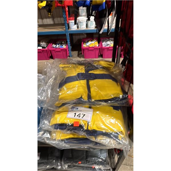 4 YELLOW/BLUE MUSTANG SURVIVAL LIFE JACKETS 3 CHILD & 1 INFANT