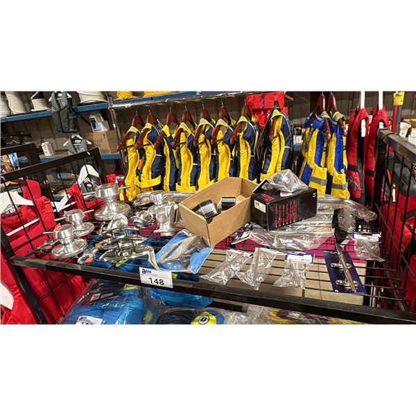 SHELF OF ASSORTED ROPE TIE DOWNS, CLEATS, STEPS, GRAB HANDLE, ASSORTED CAPS & MARINE HARDWARE