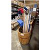 Image 1 : WOODEN BARREL WITH ASSORTED MARINE GEAR; TELESCOPIC PADDLES WITH DOUBLE HOOKS, PADDLES, CLEANING