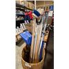 Image 2 : WOODEN BARREL WITH ASSORTED MARINE GEAR; TELESCOPIC PADDLES WITH DOUBLE HOOKS, PADDLES, CLEANING