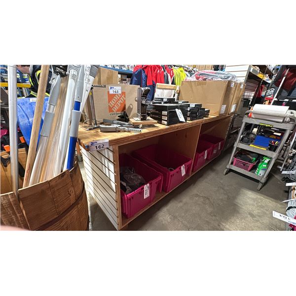 WOODEN WORKBENCH WITH RETAIL HOOK SLOTS APPROX 26 X 92 X 34" WITH OLYMPIC INSTRUMENTS AND 2 RIDGID