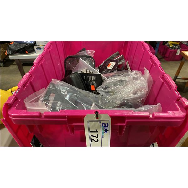 BIN OF MUSTANG SURVIVAL PFD ACCESSORIES; BELT EXTENDERS, CLOSED FINGER GLOVES, AUTO INFLATERS AND