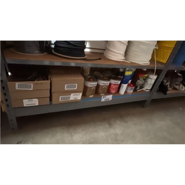 SHELF OF ASSORTED MARINE PAINTS, LUBRICANTS, TEAK OIL, SPONGE BRUSHES, EPOXY PRIMER, VARNISH & MORE