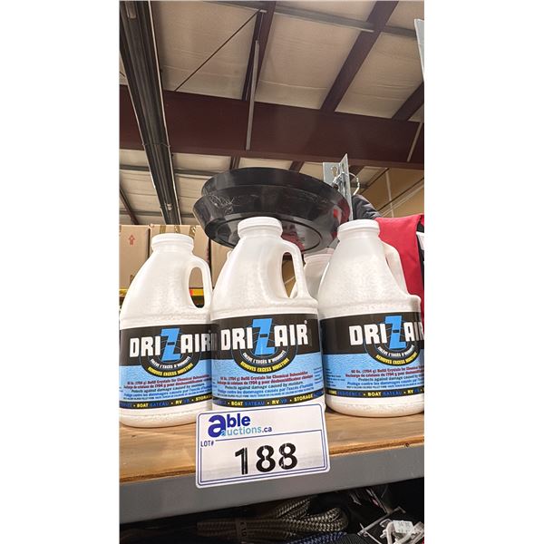 5- 1704G JUGS OF DRIZAIR CHEMICAL DEHUMIDIFIER CRYSTALS & 2 DRIZAIR TRAYS