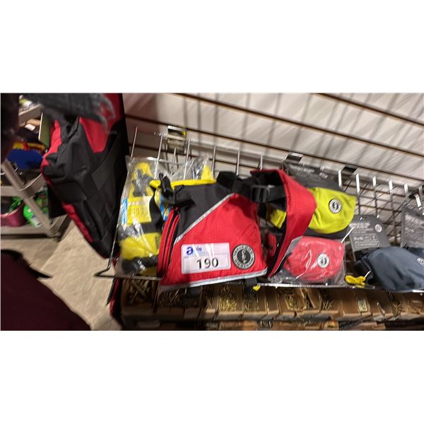 MUSTANG SURVIVAL MV5020 MEDIUM DOG PFD, SEACHOICE XXS DOG PFD AND 2 MUSTANG SURVIVAL BELT PACK PFDS