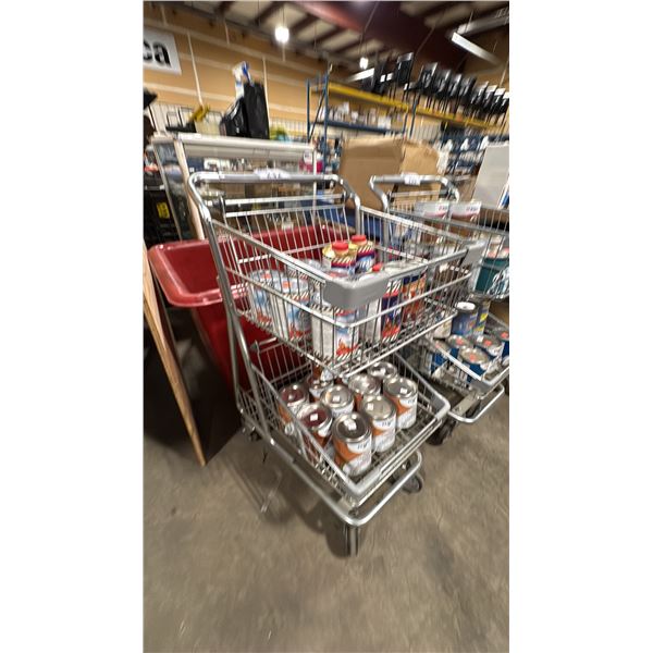SMALL SHOPPING CART OF ASSORTED MARINE VARNISH, THINNERS, ACCELERATOR & UV WOOD PROTECTION