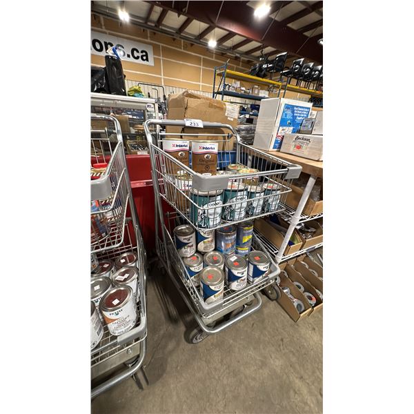 SMALL SHOPPING CART OF ASSORTED MARINE VARNISH, PAINT, ENAMEL & EZ POXY