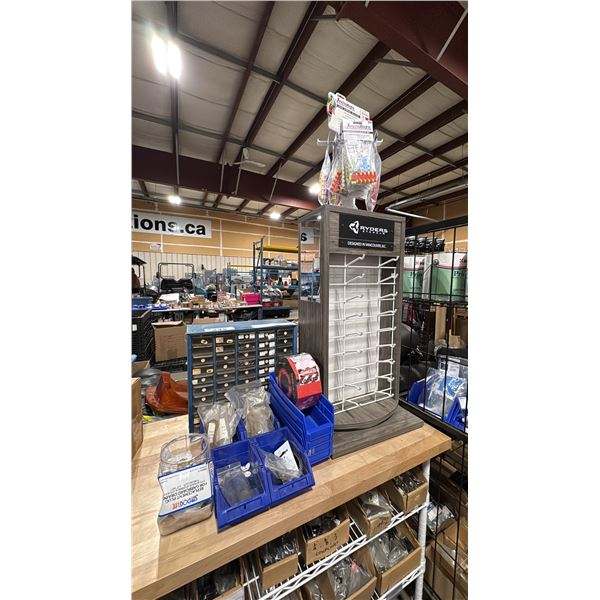 SMALL PARTS ORGANIZER & PARTS BINS WITH ASSORTED MARINE HARDWARE, LOCKOUT TAGS, SUNGLASSES DISPLAY