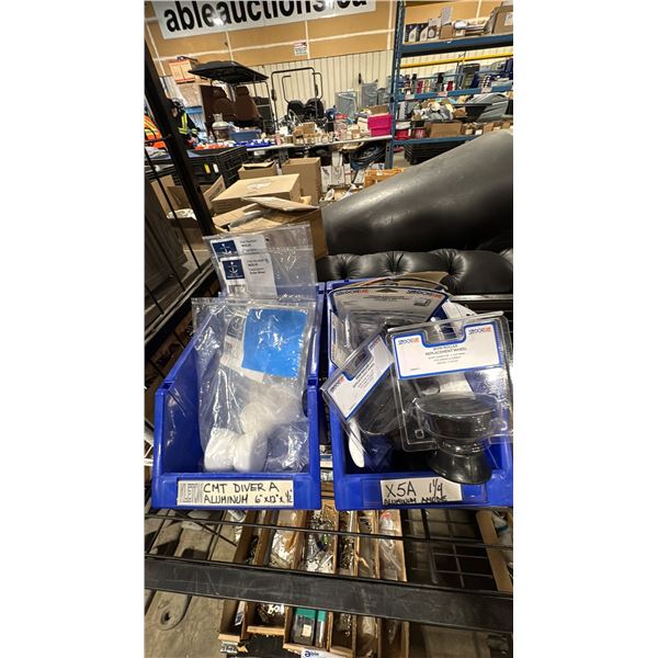 2 BLUE PARTS BINS OF ASSORTED MARINE HARDWARE- BOW ROLLER REPLACEMENT WHEELS, POLE BRACKET, ANCHOR