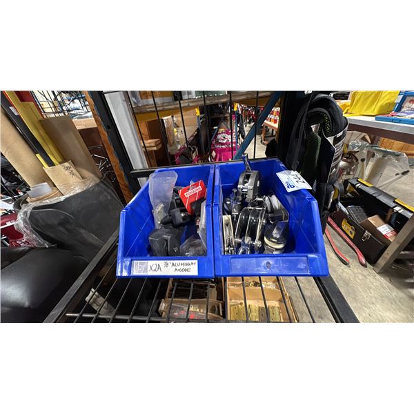 2 BLUE PARTS BINS OF ASSORTED MARINE PULLEYS