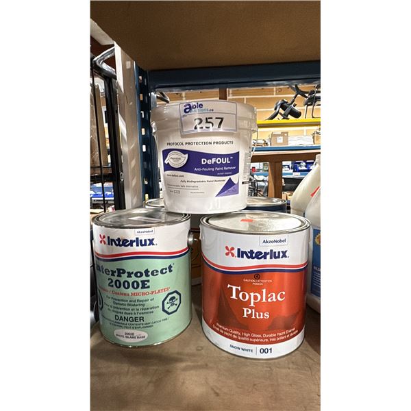 4 CANS OF ASSORTED INTERLUX MARINE PAINT/COATINGS & BUCKET OF DEFOUL ANTI-FOULING PAINT REMOVER