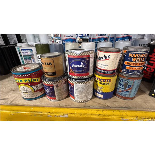 ASSORTED VINTAGE MARINE PAINT CANS & 6 CANS OF OUTBOARD/INBOARD ENGINE PAINT