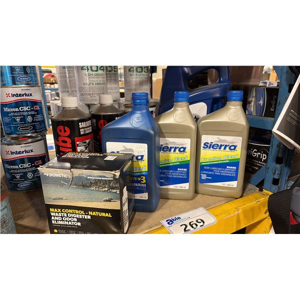 ASSORTED MARINE GEAR LUBRICANT, ENGINE OIL, MCLUBE DRY LUBRICANT, MARINE STRIP-IT PAINT STRIPPER &