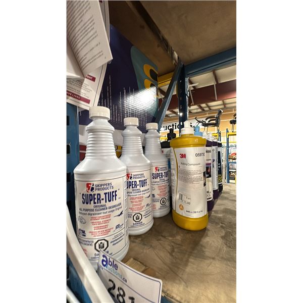 7 ASSORTED 3M BOTTLES OF MACHINE POLISH/RUBBING COMPOUND & 3 BOTTLES OF SUPER TUFF ALL PURPOSE