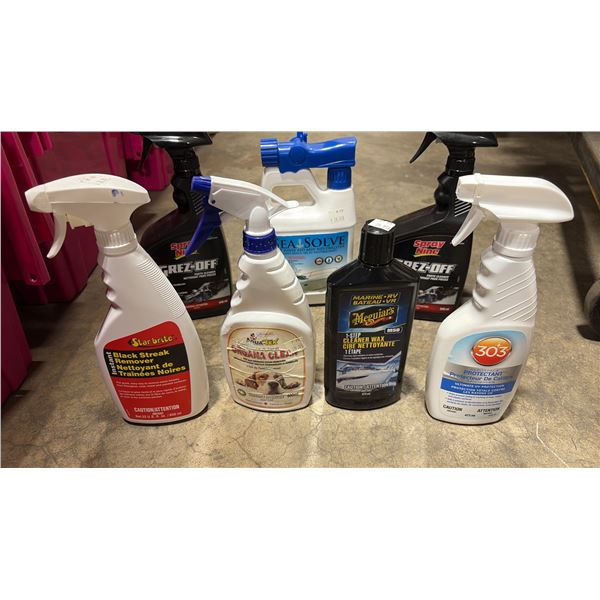ASSORTED BOTTLES OF PARTS CLEANER, UV PROTECTANT, BLACK STREAK REMOVER, SALT RINSE AID/NEUTRALIZER,