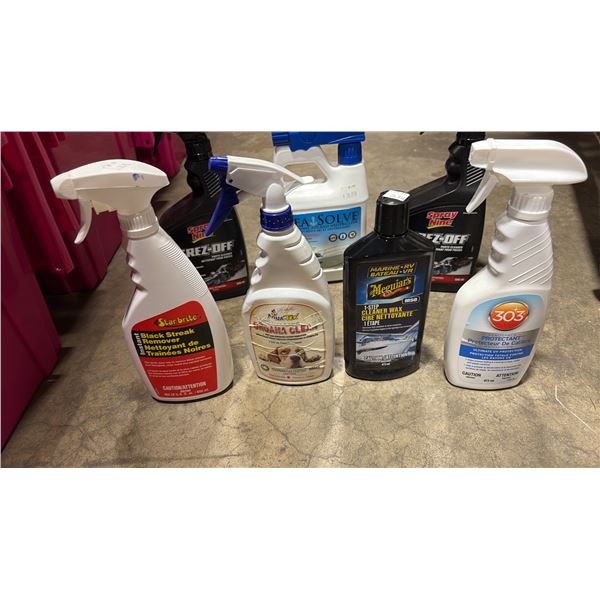 ASSORTED BOTTLES OF PARTS CLEANER, UV PROTECTANT, BLACK STREAK REMOVER, SALT RINSE AID/NEUTRALIZER,