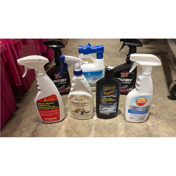 ASSORTED BOTTLES OF PARTS CLEANER, UV PROTECTANT, BLACK STREAK REMOVER, SALT RINSE AID/NEUTRALIZER,