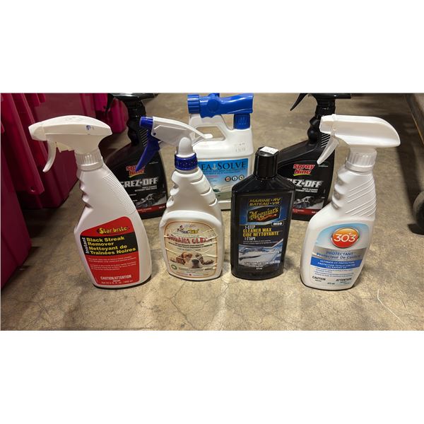 ASSORTED BOTTLES OF PARTS CLEANER, UV PROTECTANT, BLACK STREAK REMOVER, SALT RINSE AID/NEUTRALIZER,