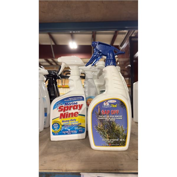 ASSORTED BOTTLES OF MARINE CLEANERS, TREE SAP REMOVER, WASH & WAX, UV PROTECTANT, MILDEW STAIN