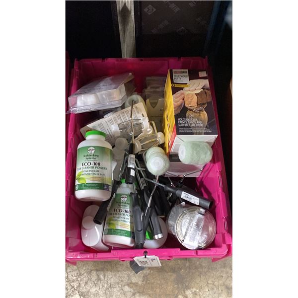 BIN OF SCULPWOOD PUTTY, ROLLER BRUSHES, TEAK CLEANER POWDER, ALUMINUM BOAT REPAIR KITS, TEAK