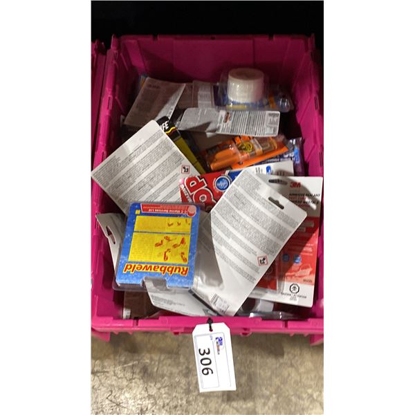 BIN OF ASSORTED MARINE ADHESIVE SEALANTS, MARINE TAPE, FIBERGLASS SEAL, GORILLA GLUE EPOXY, PERMA