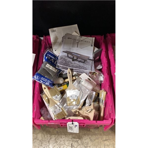 BIN OF ASSORTED PAINT BRUSHES, DELUXE TACK RAGS, PAINT ROLLERS, GORILLA TAPE, PAINT SCRAPERS,