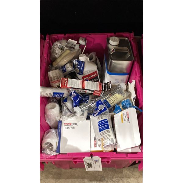 BIN OF ASSORTED PAINT ROLLERS, FIBERGLASSING RESIN, EPOXY WOOD SEALER KITS, EPOXY FAIRING PUTTY &