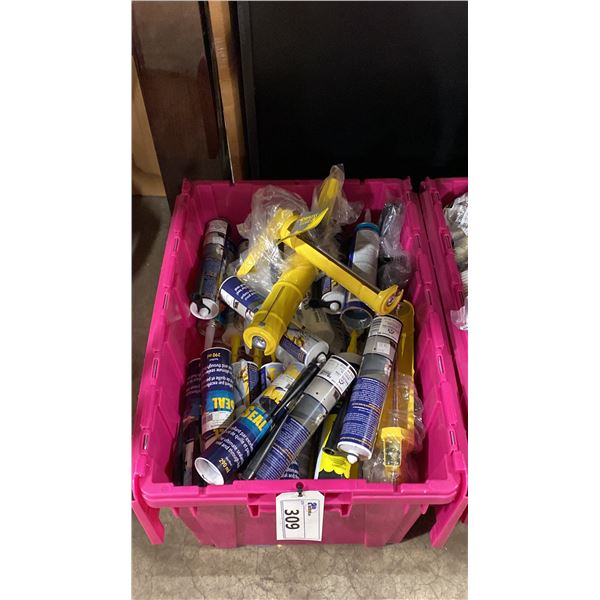 BIN OF ASSORTED HULL SEALANTS & CAULKING GUNS *BIN NOT INCLUDED*