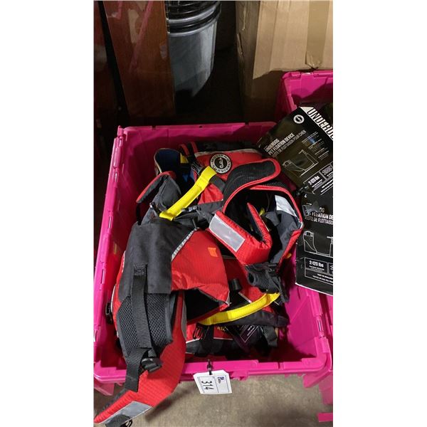 BIN OF ASSORTED DOG LIFE JACKETS, 2 PRIME-LITES, FISH BONKER, FLOODLIGHT & SIZE 6 VIKING BOOTS