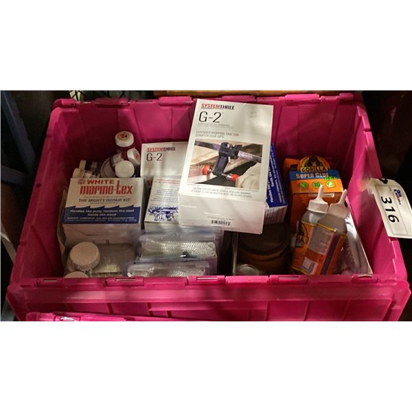 BIN OF MARINE-TEX REPAIR KITS, GORILLA GLUE, SCULPWOOD PASTE, GLUE EPOXY KITS, WATERPROOFING