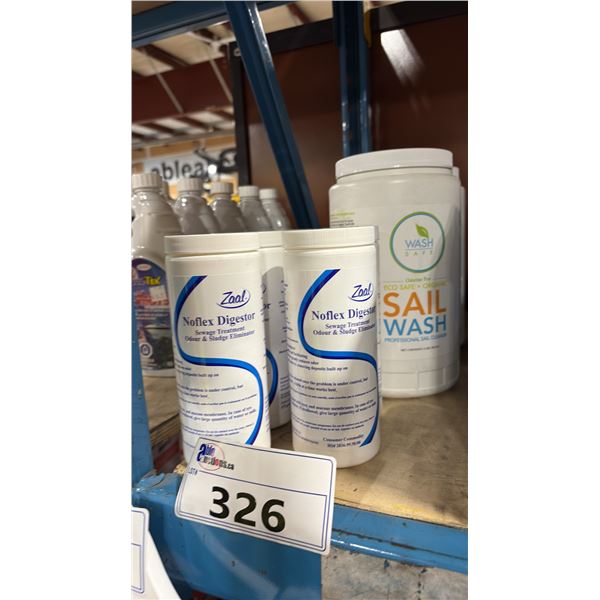 3- 3LB JUGS OF ECO SAFE SAIL WASH & 5 ZAAL NOFLEX DIGESTOR SEWER TREATMENT ODOR & SLUDGE ELIMINATOR