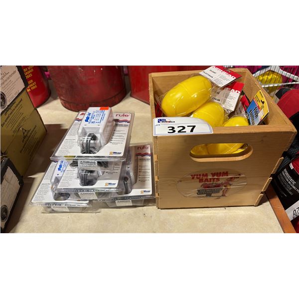 4 RULE-A-MATIC PLUS MODEL 40A FLOAT SWITCHES & SMALL WOODEN CRATE OF YELLOW PLASTIC MARINE FLOATS
