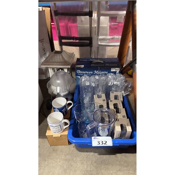 SMALL ELECTRIC LANTERN, CANDLE LANTERN, ASSORTED PLASTIC MARINE GLASSWARE, MARINE MOTIF DINNERWARE